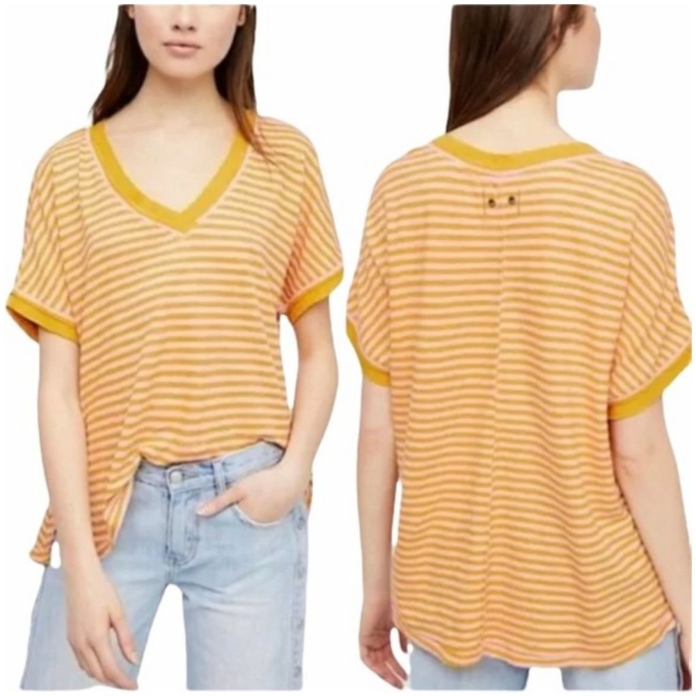 We the Free People Take Me Striped Tee Top Gold Yellow Size Medium Linen Blend